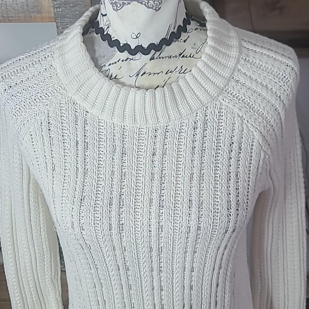 Banana Republic Cream Ribbed Crewneck Sweater with Subtle Sequins - Picture 2 of 7